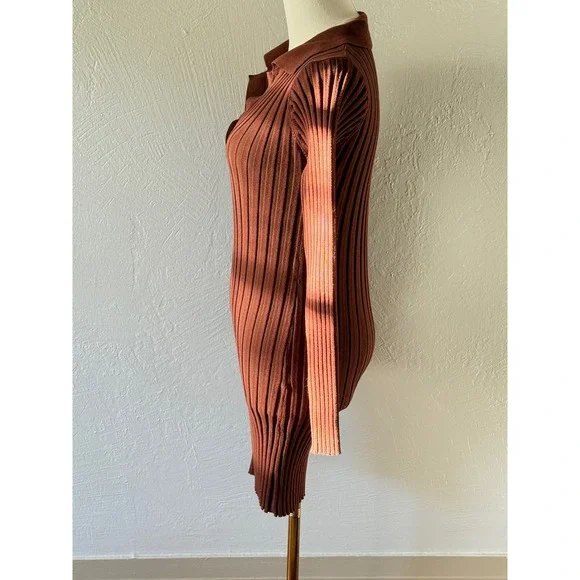 Tularosa Brown Ribbed Knit Mini Dress sz SM Long Sleeve Collared Fitted Bodycon - Picture 4 of 10